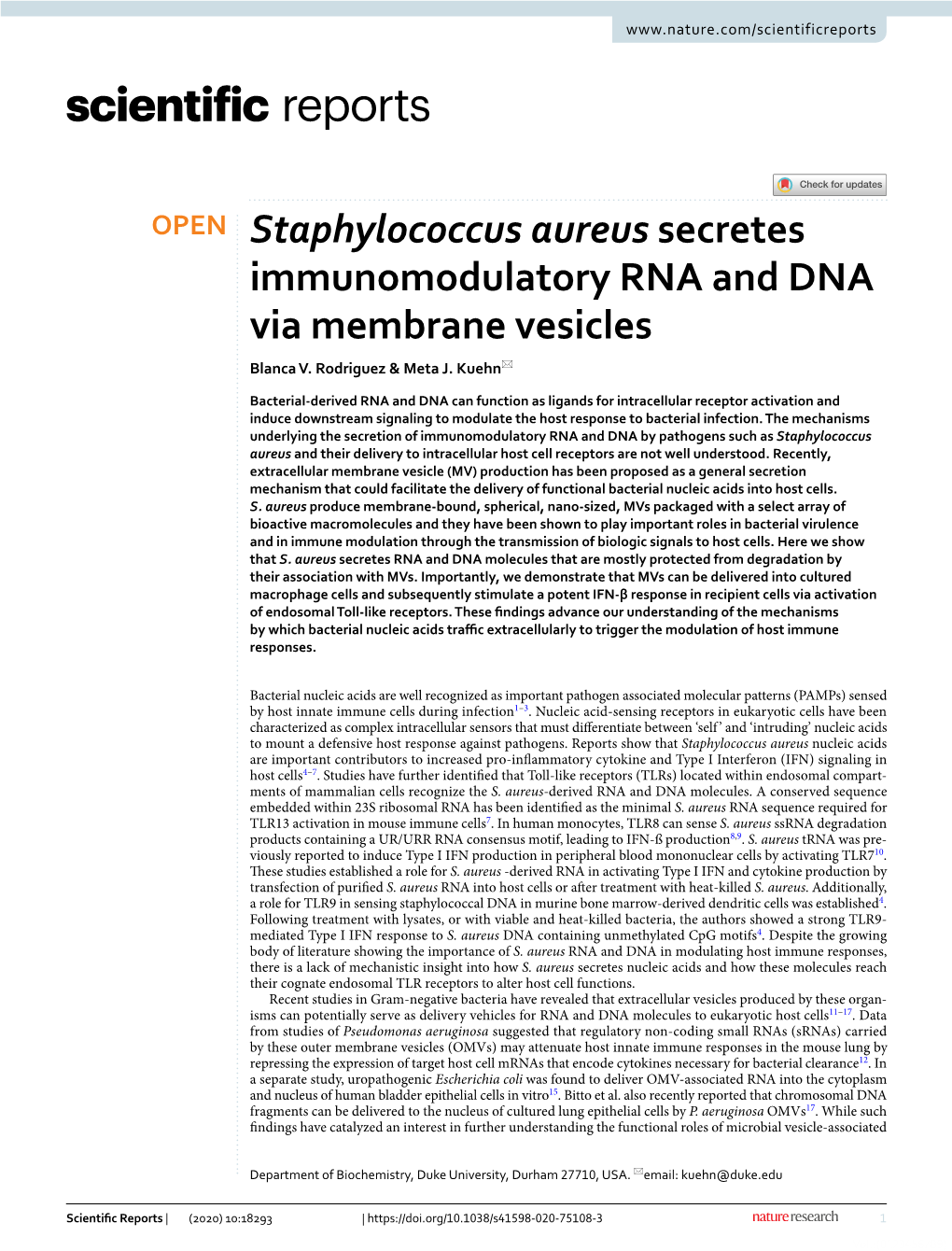 Staphylococcus Aureus Secretes Immunomodulatory RNA and DNA Via Membrane Vesicles Blanca V