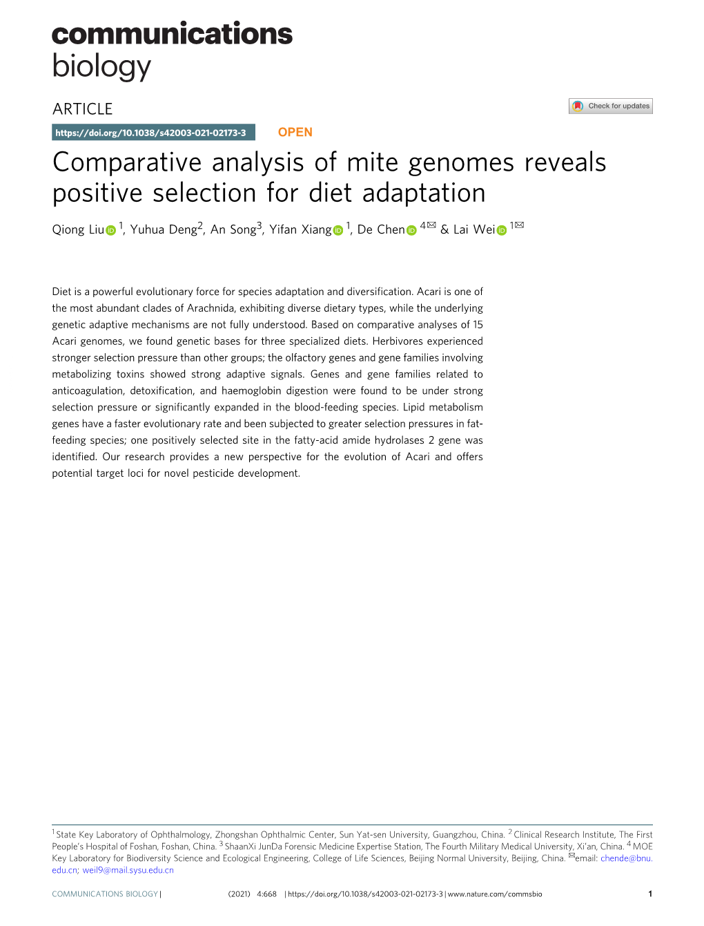 Comparative Analysis of Mite Genomes Reveals Positive Selection for Diet Adaptation ✉ ✉ Qiong Liu 1, Yuhua Deng2, an Song3, Yifan Xiang 1, De Chen 4 & Lai Wei 1