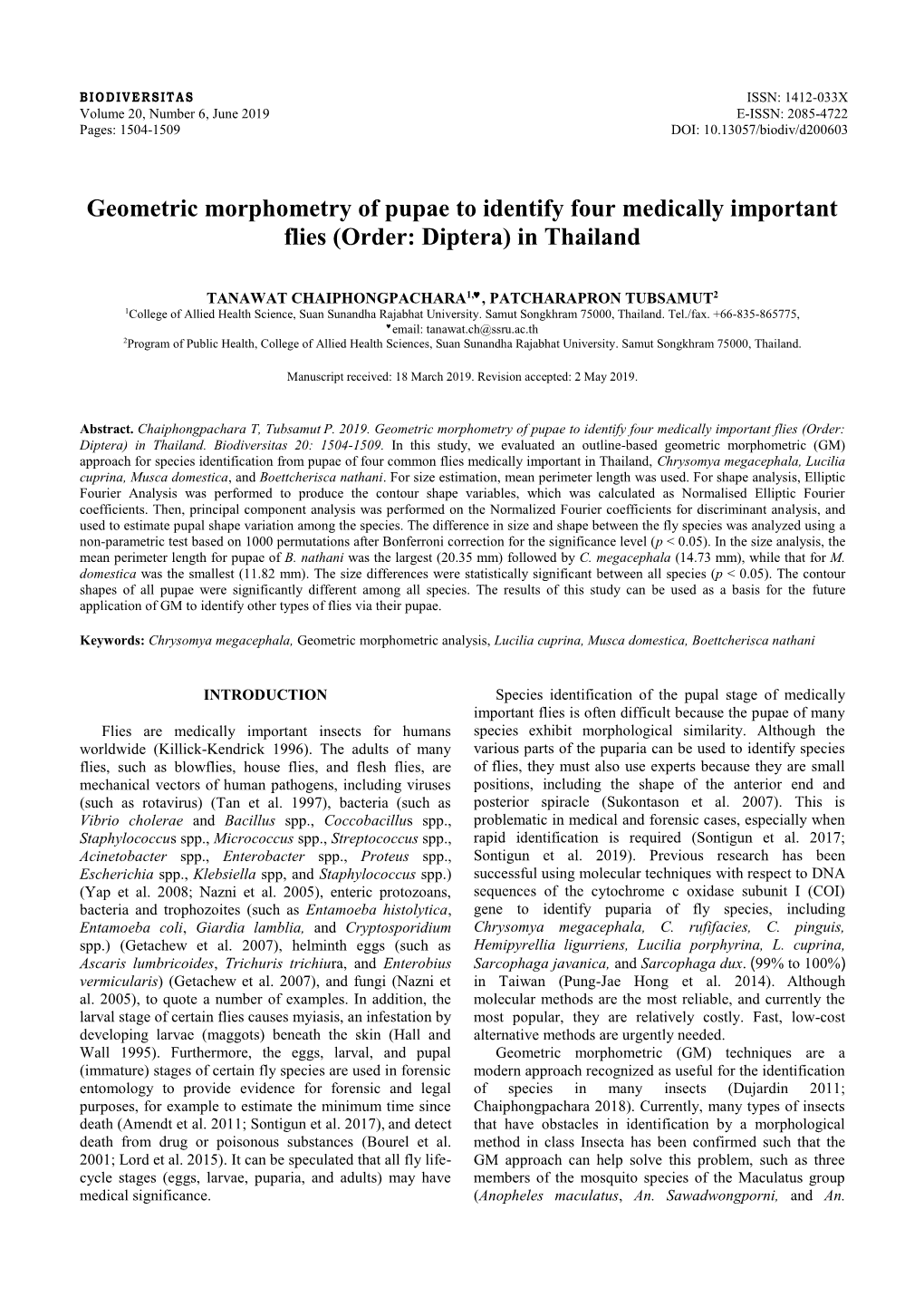 Geometric Morphometry of Pupae to Identify Four Medically Important Flies (Order: Diptera) in Thailand