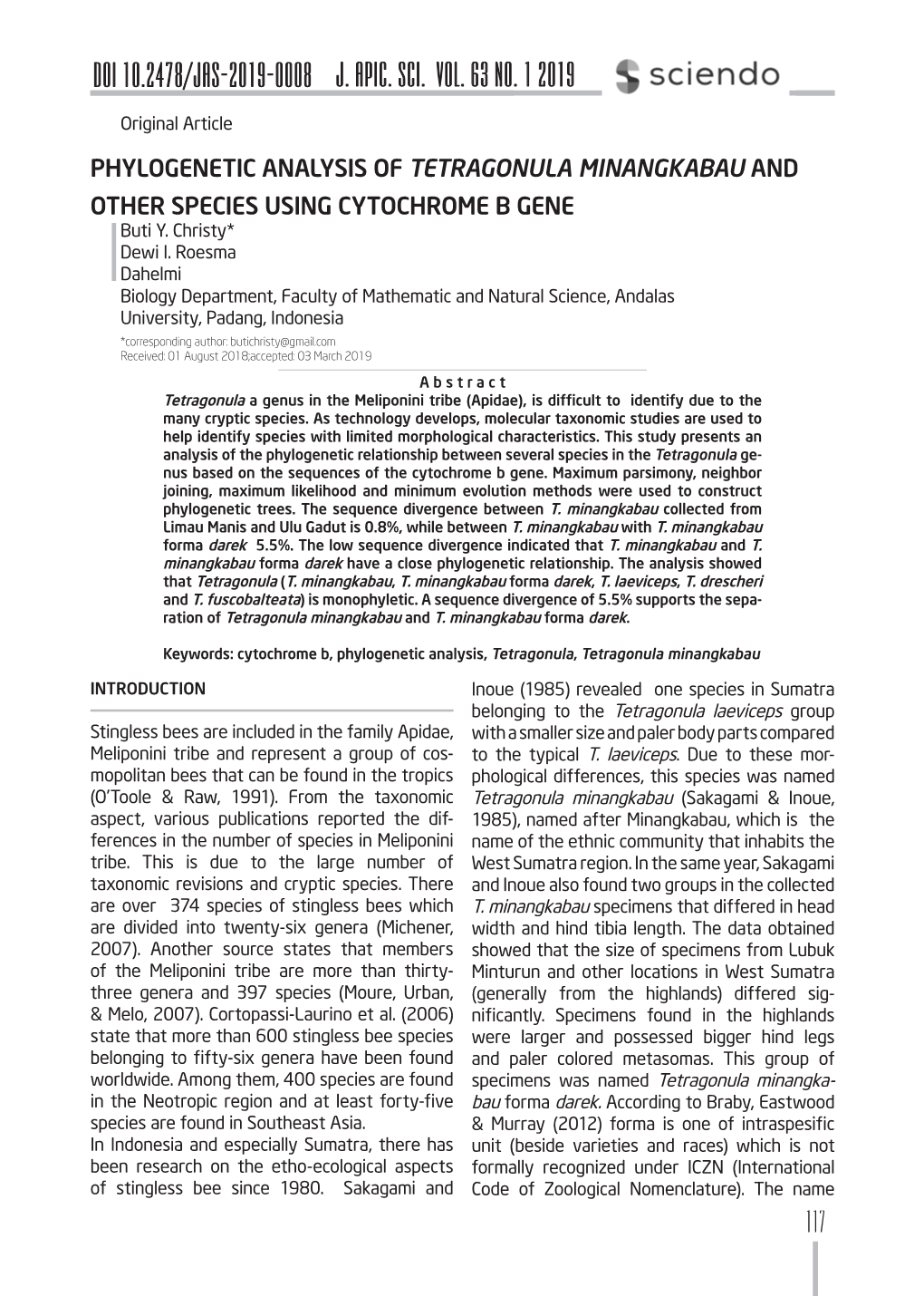 TETRAGONULA MINANGKABAU and OTHER SPECIES USING CYTOCHROME B GENE Buti Y