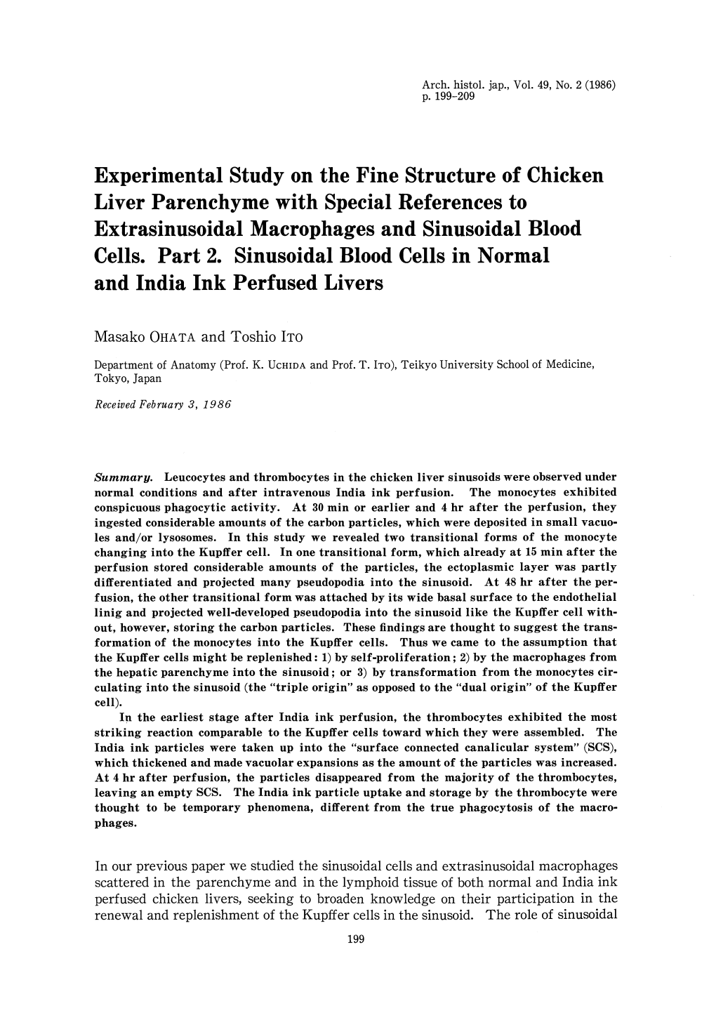 Experimental Study on the Fine Structure of Chicken Liver Parenchyme with Special References to Extrasinusoidal Macrophages and Sinusoidal Blood Cells