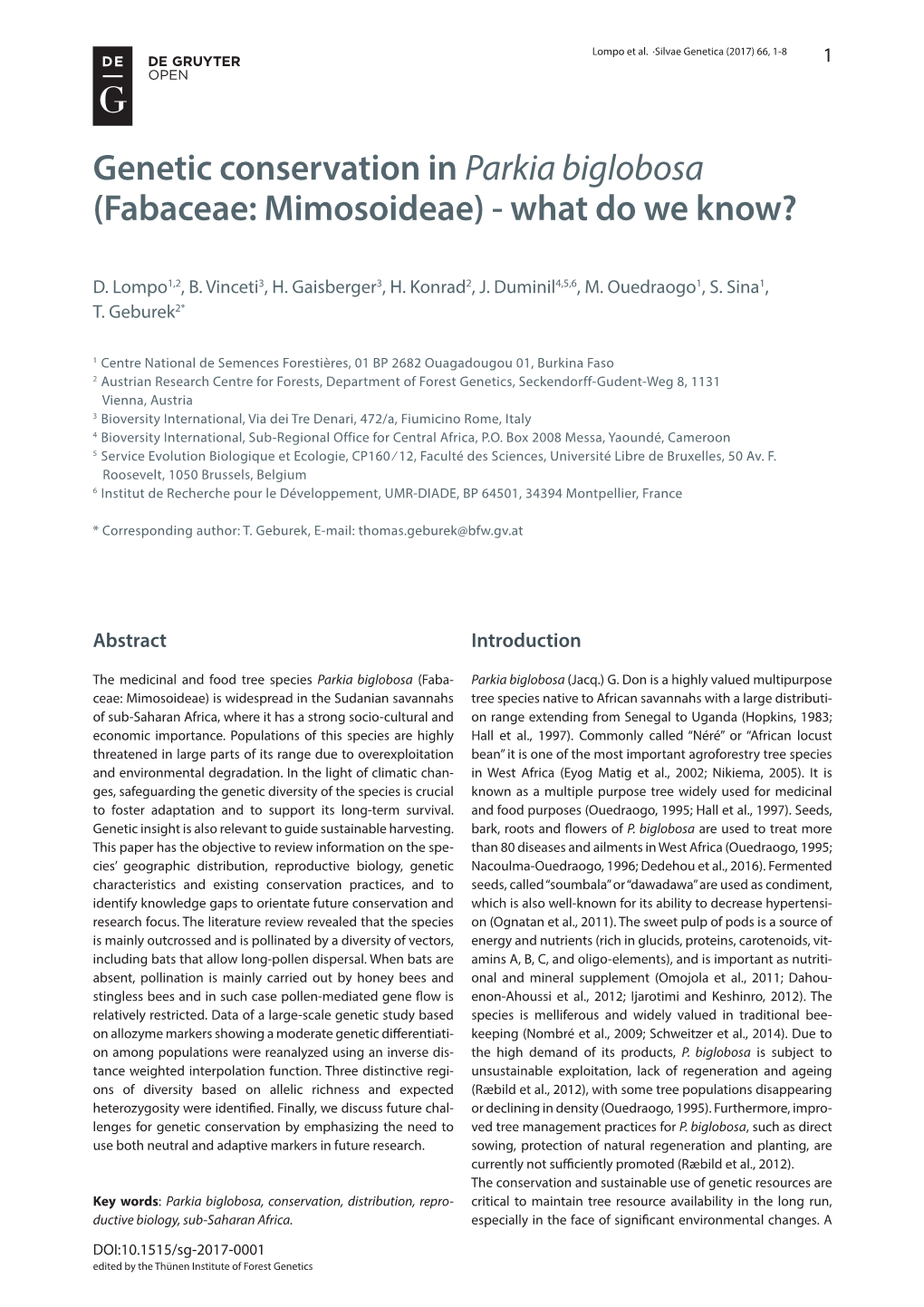 Genetic Conservation in Parkia Biglobosa (Fabaceae: Mimosoideae) - What Do We Know?