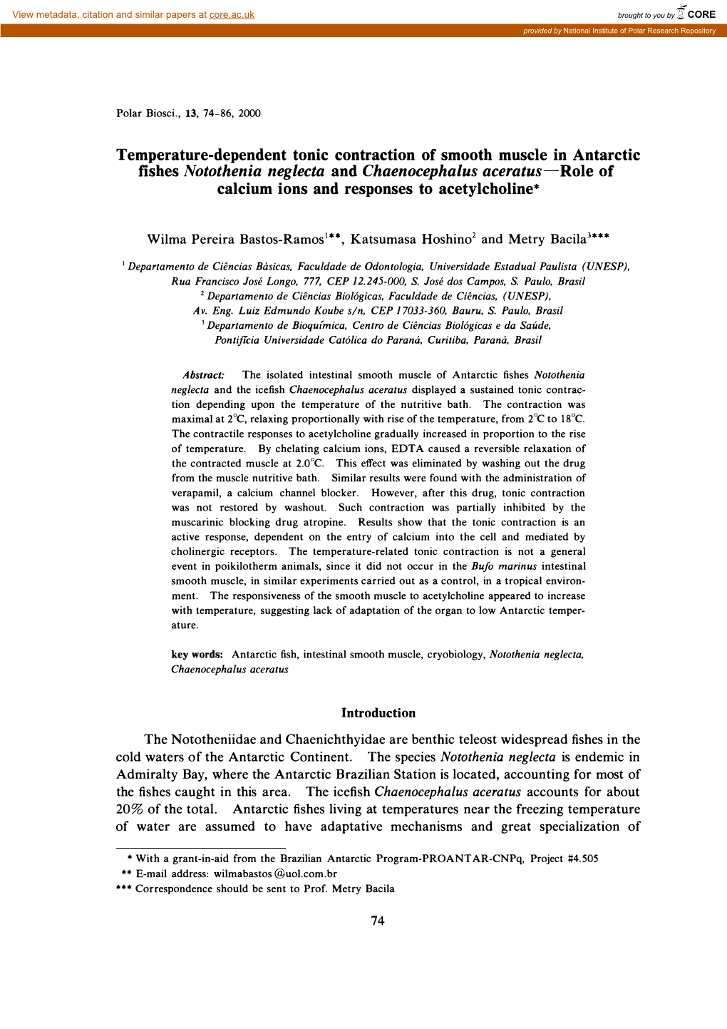 Fishes Notothenia Neglecta and Chaenocephalus Aceratus-Role of Calcium Ions and Responses to Acetylcholine*