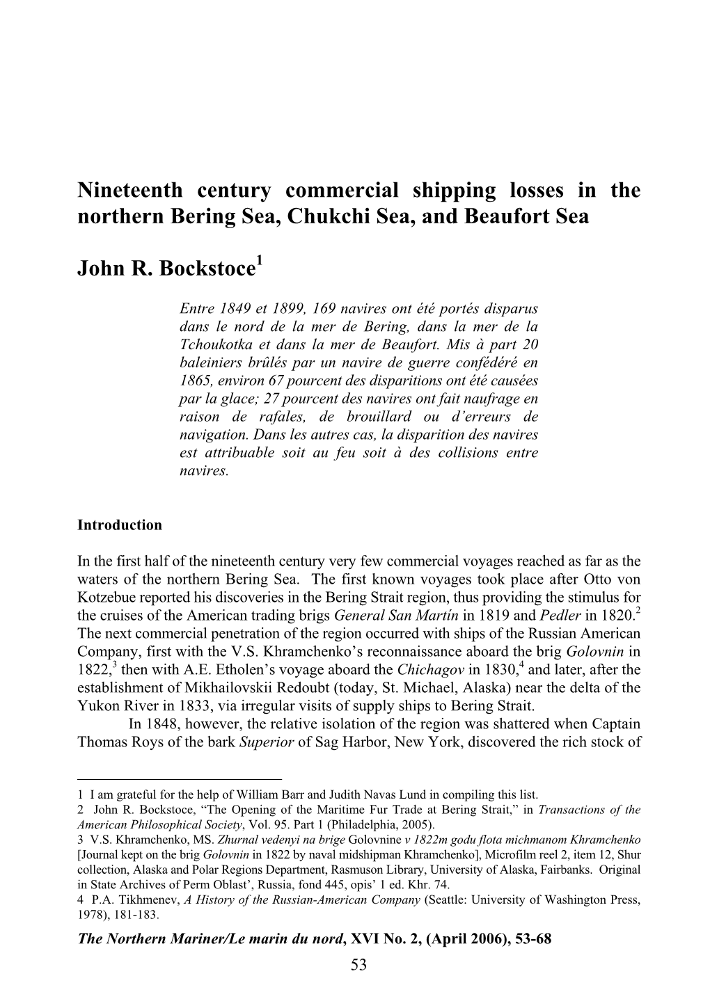 Nineteenth Century Commercial Shipping Losses in the Northern Bering Sea, Chukchi Sea, and Beaufort Sea