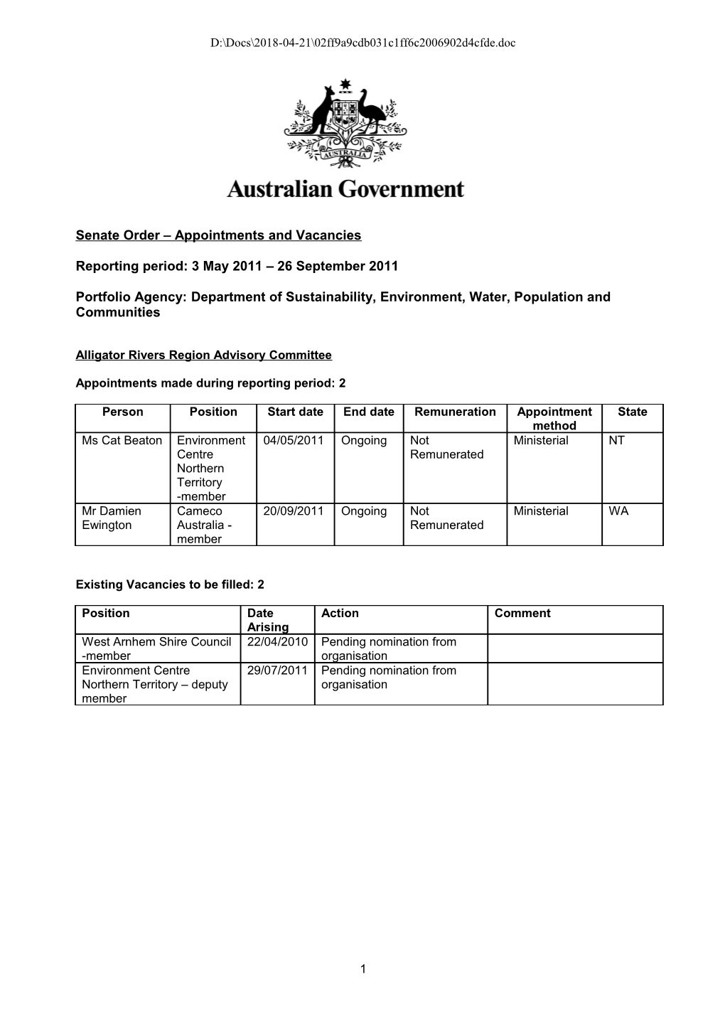 Senate Order Appointments and Vacancies - 3 May - 26 September 2011