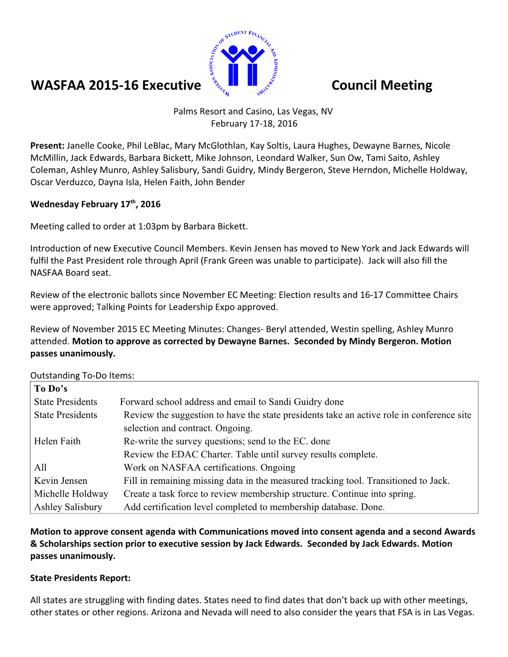 WASFAA 2015-16 Executive Council Meeting
