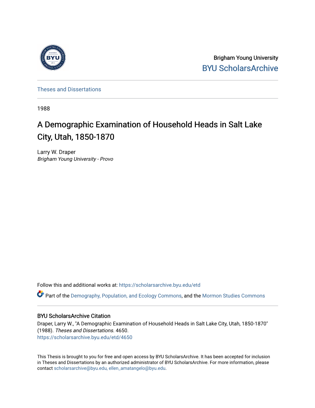 A Demographic Examination of Household Heads in Salt Lake City, Utah, 1850-1870