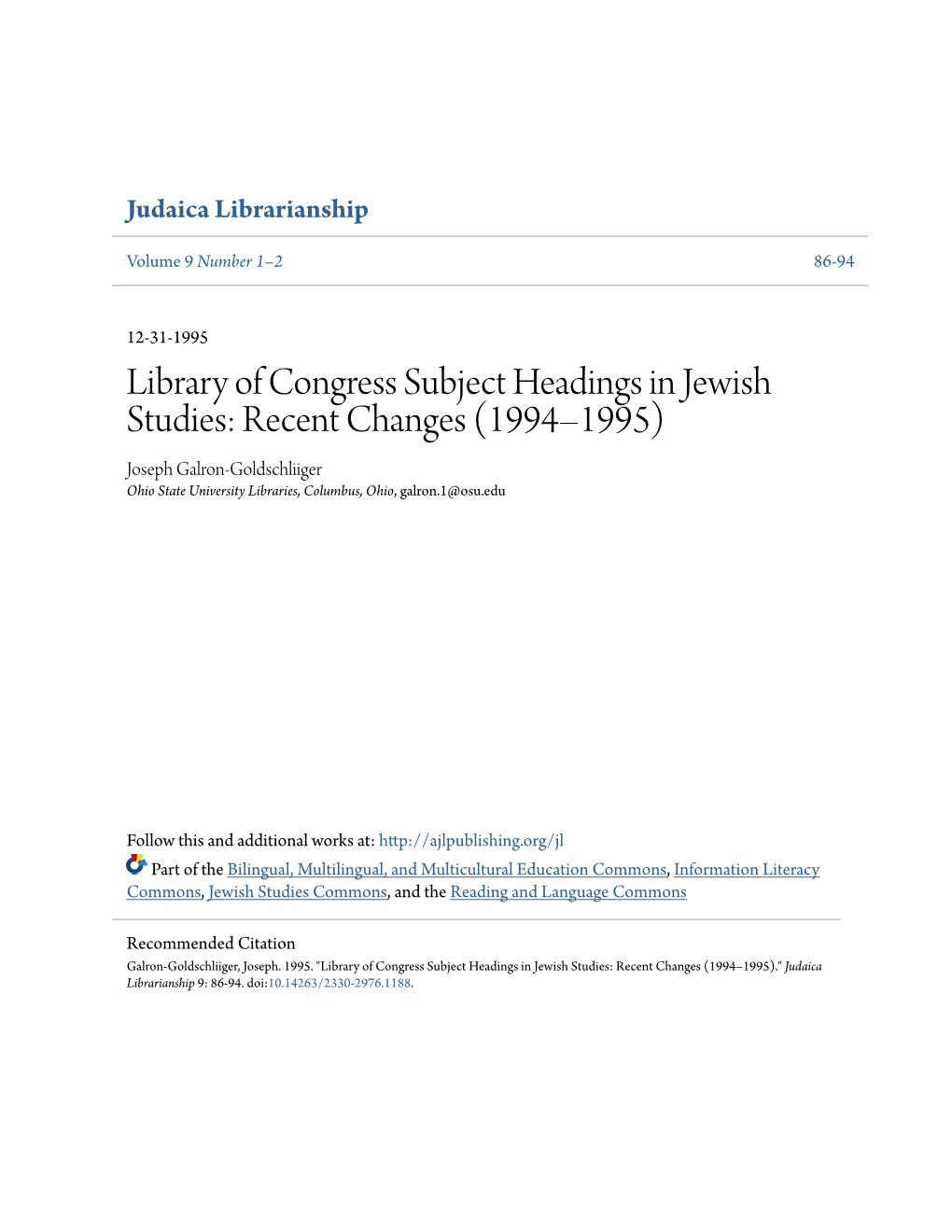 Library of Congress Subject Headings in Jewish Studies