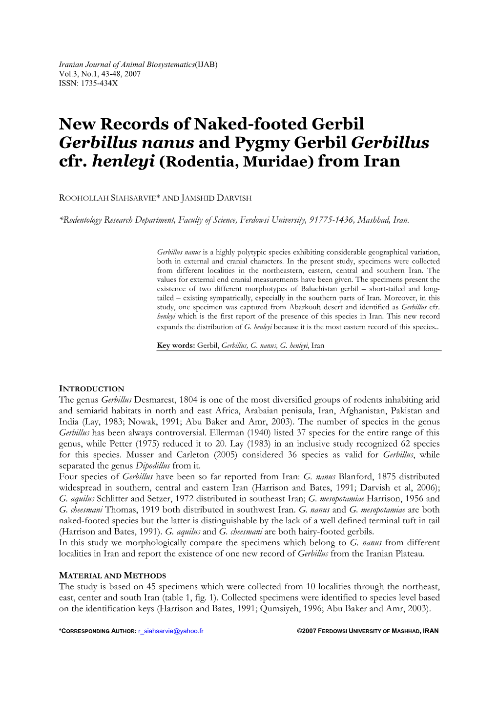 New Records of Naked-Footed Gerbil Gerbillus Nanus and Pygmy Gerbil Gerbillus Cfr