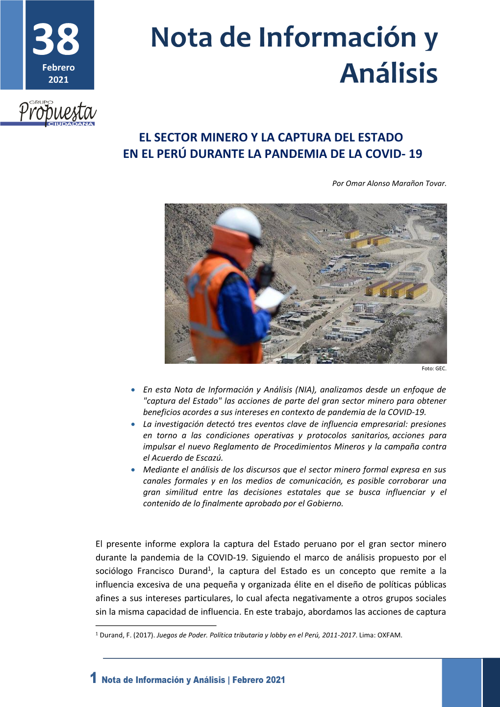 El Sector Minero Y La Captura Del Estado En El Perú Durante La Pandemia De La Covid- 19