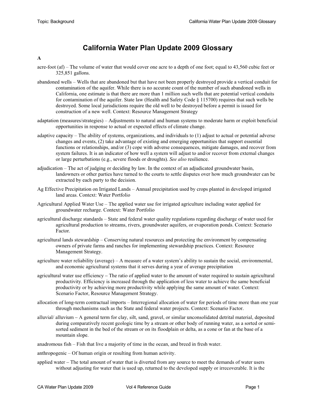 California Water Plan Update 2009 Glossary