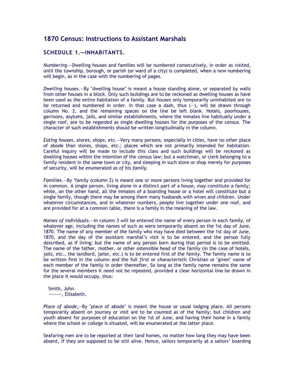 1870 Census: Instructions to Assistant Marshals