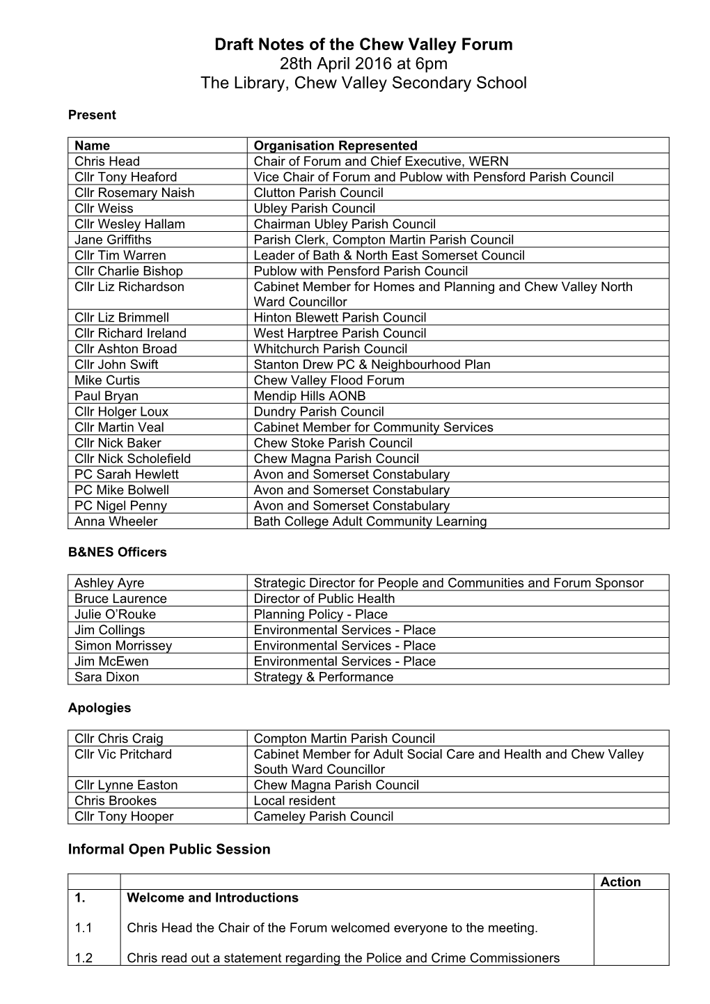 Draft Notes of the Chew Valley Forum 28Th April 2016 at 6Pm the Library, Chew Valley Secondary School