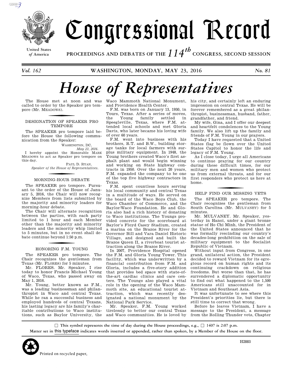 Congressional Record United States Th of America PROCEEDINGS and DEBATES of the 114 CONGRESS, SECOND SESSION