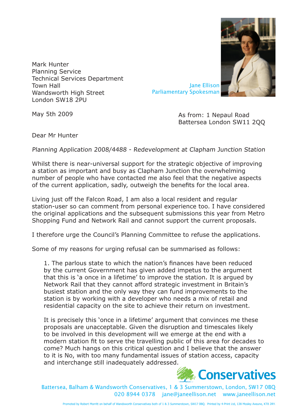 Mark Hunter Planning Service Technical Services Department Town Hall Jane Ellison Wandsworth High Street Parliamentary Spokesman London SW18 2PU