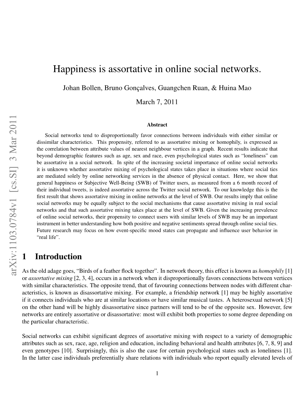 Happiness Is Assortative in Online Social Networks. Arxiv:1103.0784V1