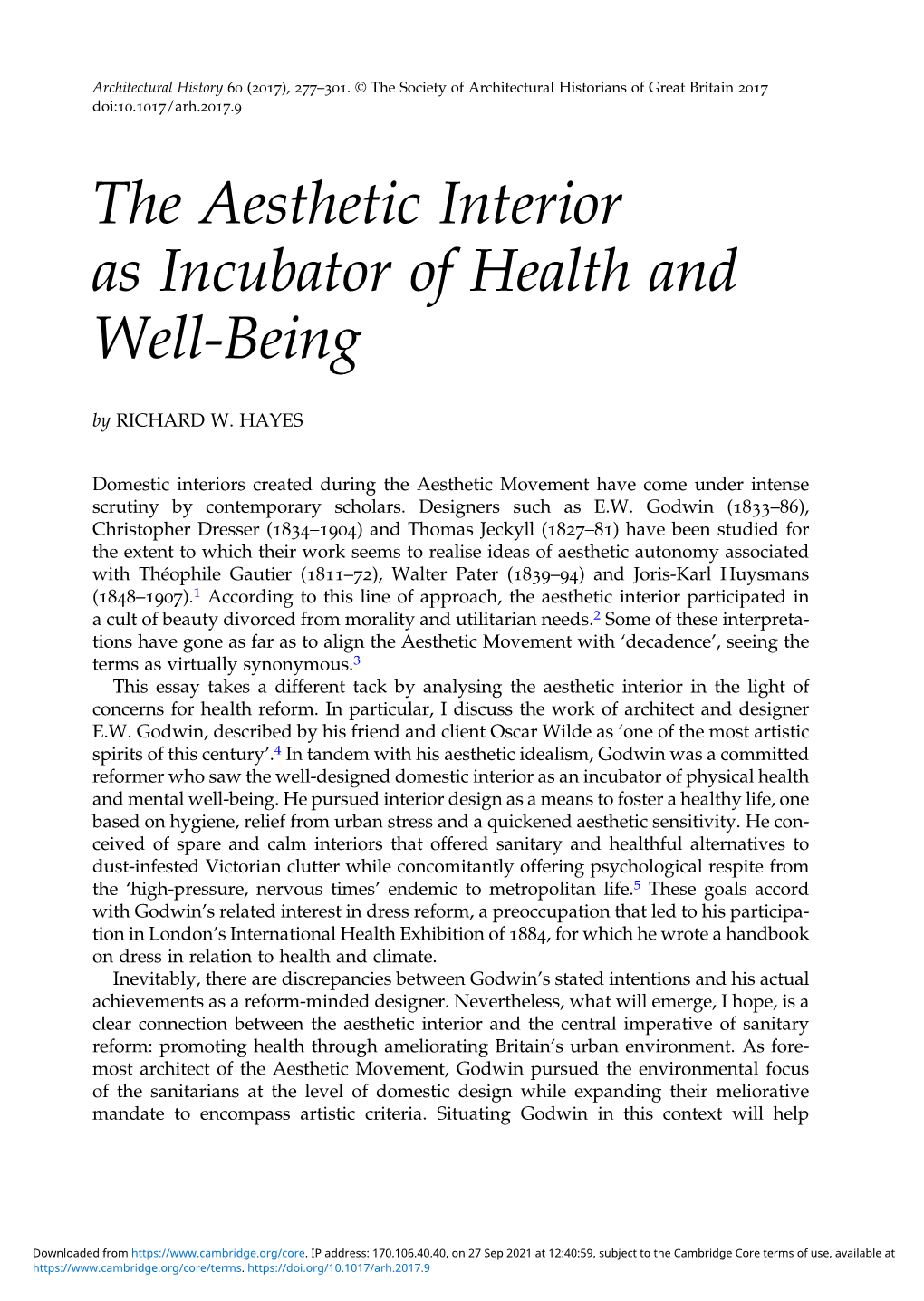 The Aesthetic Interior As Incubator of Health and Well-Being