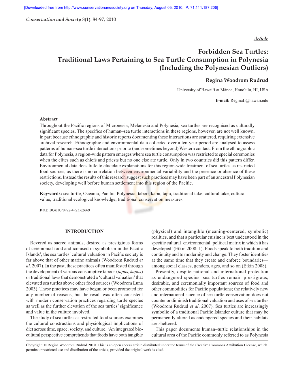 Forbidden Sea Turtles: Traditional Laws Pertaining to Sea Turtle Consumption in Polynesia (Including the Polynesian Outliers)