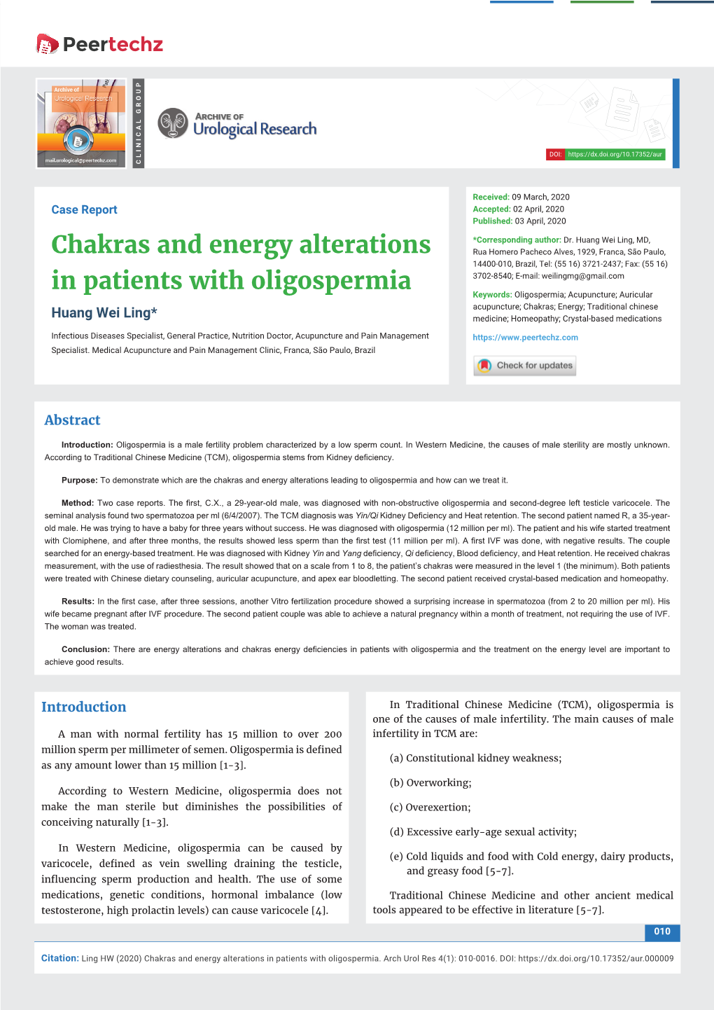 Chakras and Energy Alterations in Patients with Oligospermia