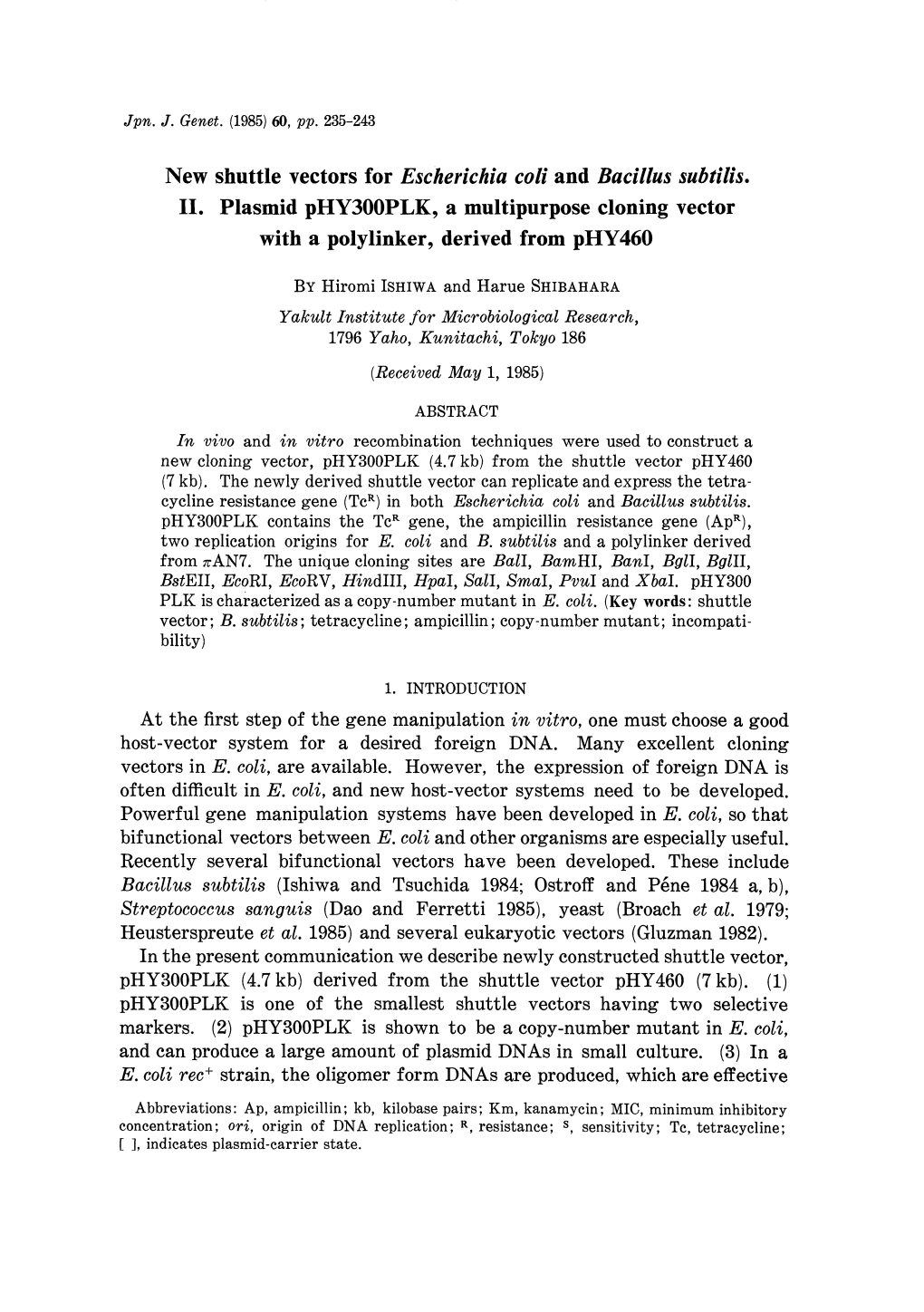 New Shuttle Vectors for Escherichia Coil and Bacillus Subtilis. II. Plasmid Phy300plk, a Multipurpose Cloning Vector with a Polylinker, Derived from Phy460