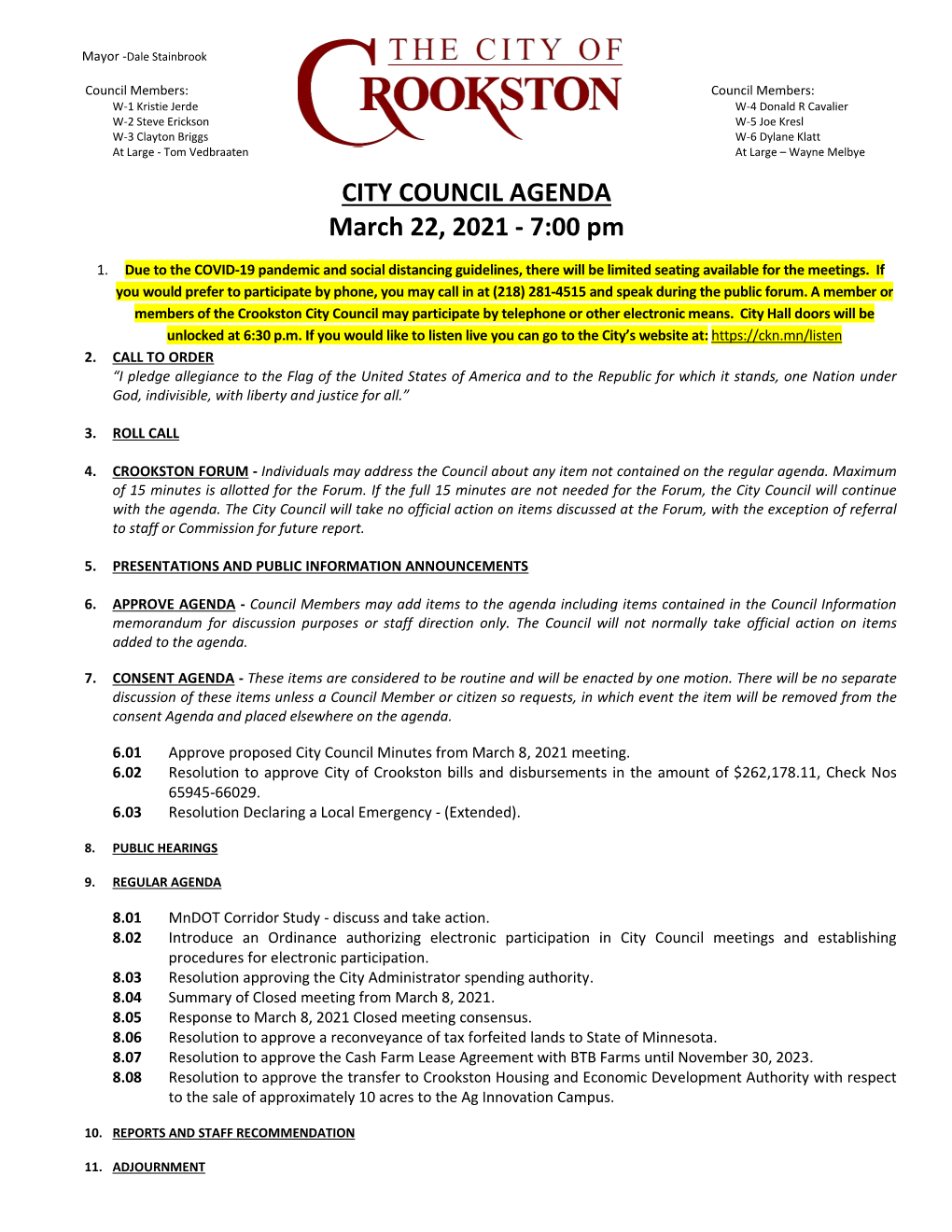 CITY COUNCIL AGENDA March 22, 2021 - 7:00 Pm