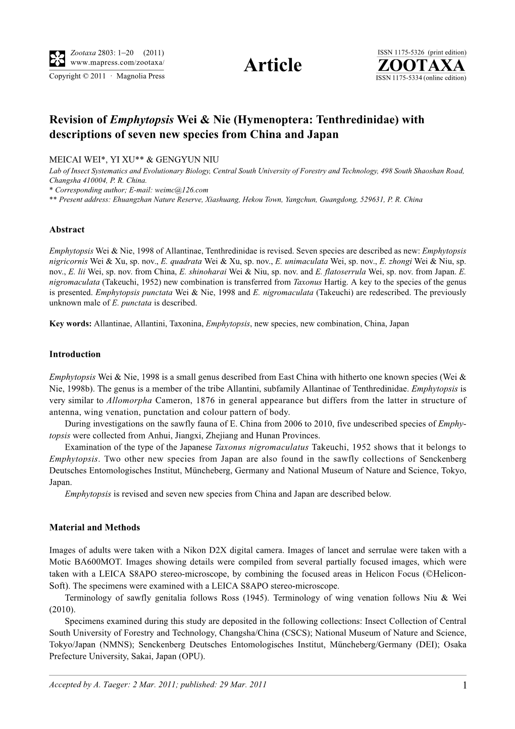 Revision of Emphytopsis Wei & Nie (Hymenoptera: Tenthredinidae