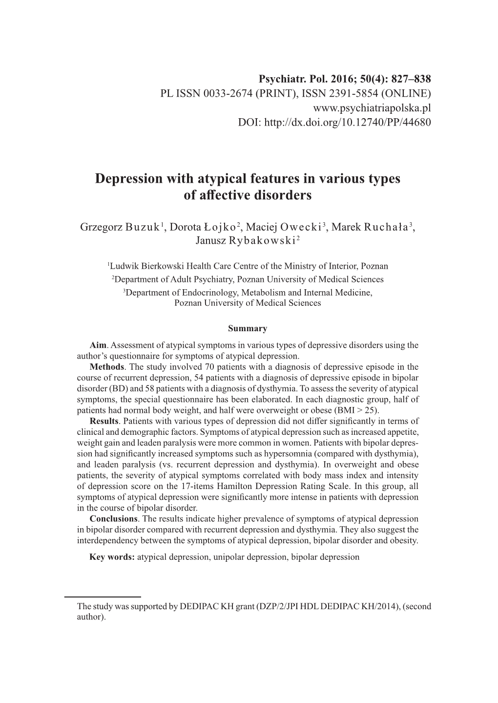 Depression with Atypical Features in Various Types of Affective Disorders