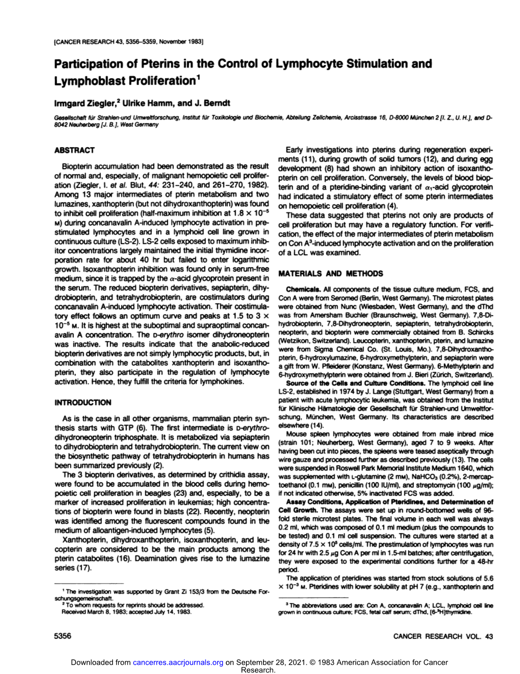 Participation of Pterins in the Control of Lymphocyte Stimulation and Lymphoblast Proliferation1