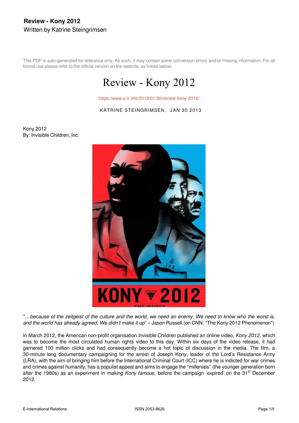Kony 2012 Written by Katrine Steingrimsen