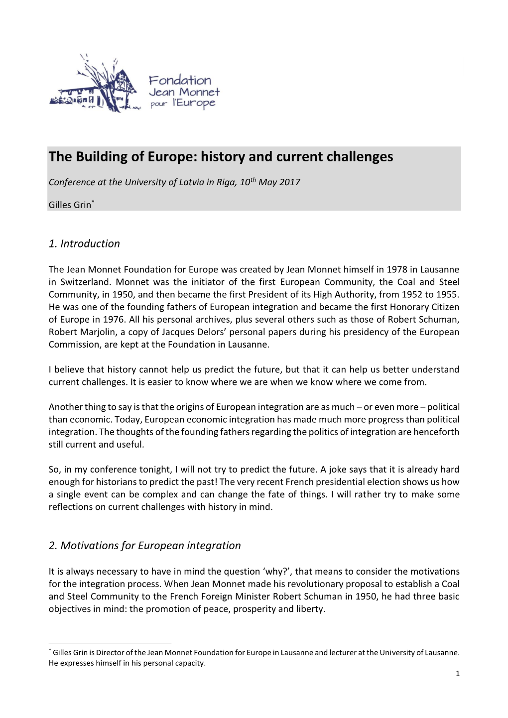 The Building of Europe: History and Current Challenges