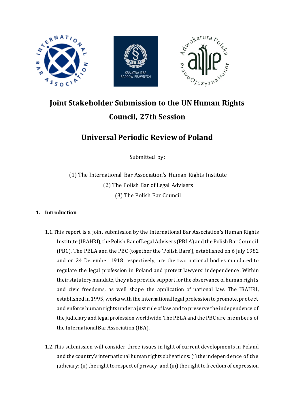 Joint Stakeholder Submission to the UN Human Rights Council, 27Th Session