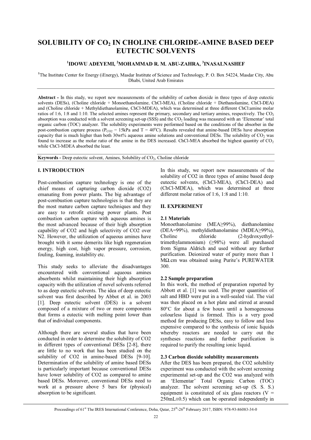 Solubility of Co2 in Choline Chloride-Amine Based Deep Eutectic Solvents