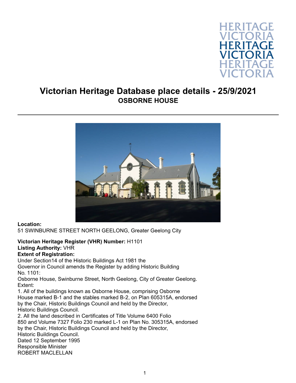 Victorian Heritage Database Place Details - 25/9/2021 OSBORNE HOUSE