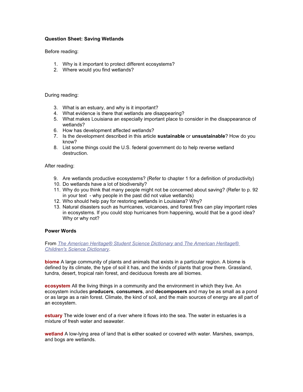 Question Sheet: Saving Wetlands