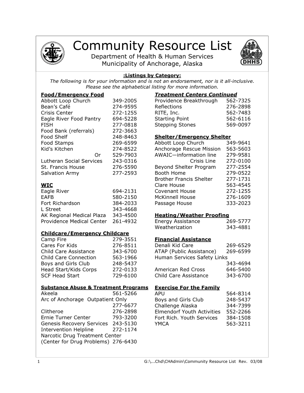 Community Resource List, Department of Health and Human Services