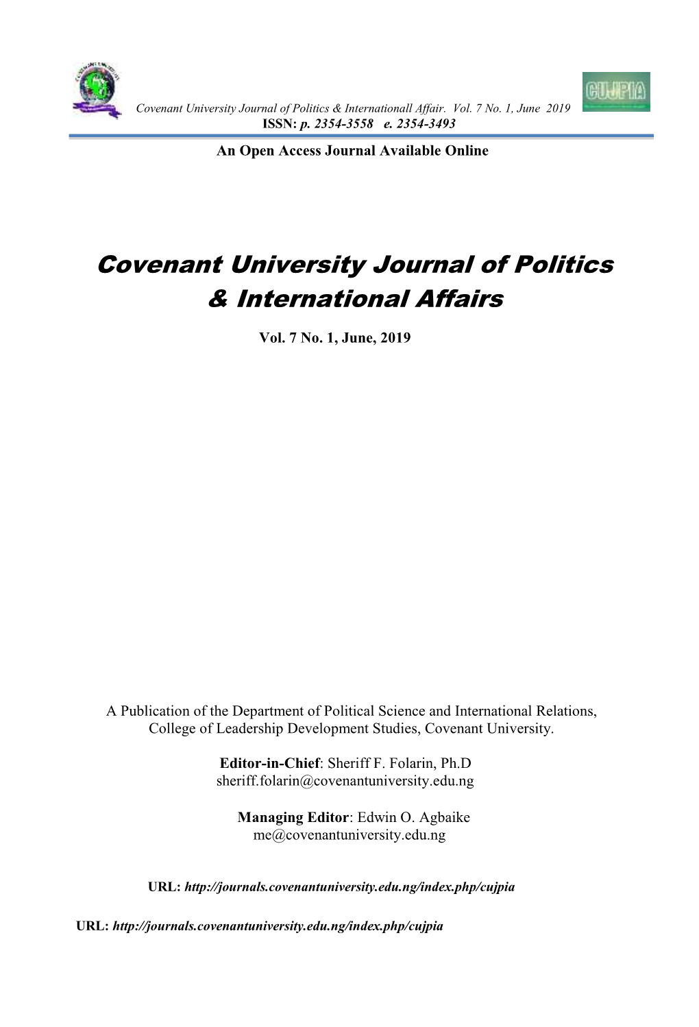 Covenant University Journal of Politics & International Affairs