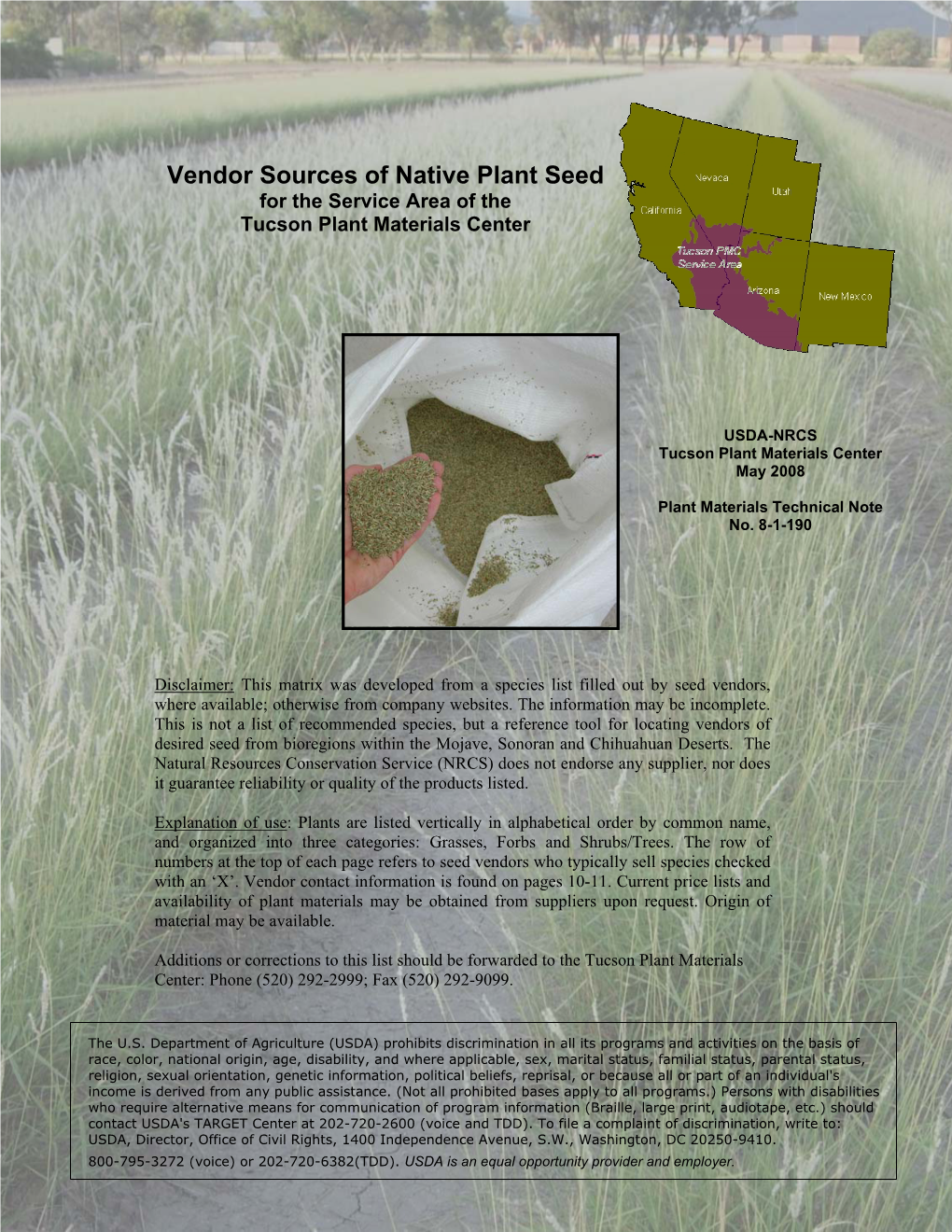 Vendor Sources of Native Plant Seed for the Service Area of the Tucson Plant Materials Center