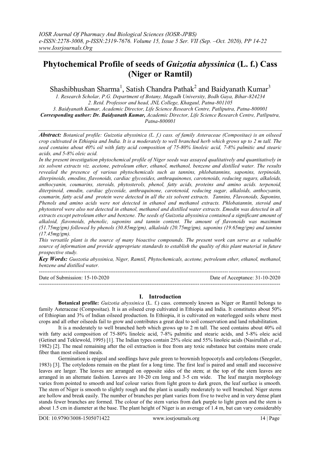 Phytochemical Profile of Seeds of Guizotia Abyssinica (L. F.) Cass (Niger Or Ramtil)