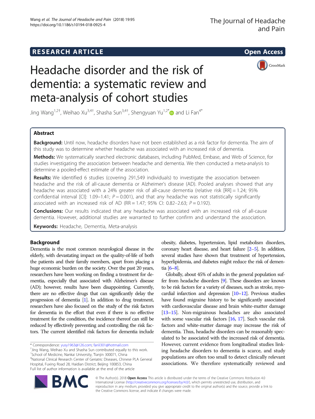 A Systematic Review and Meta-Analysis of Cohort Studies Jing Wang1,2†, Weihao Xu3,4†, Shasha Sun3,4†, Shengyuan Yu1,2* and Li Fan4*