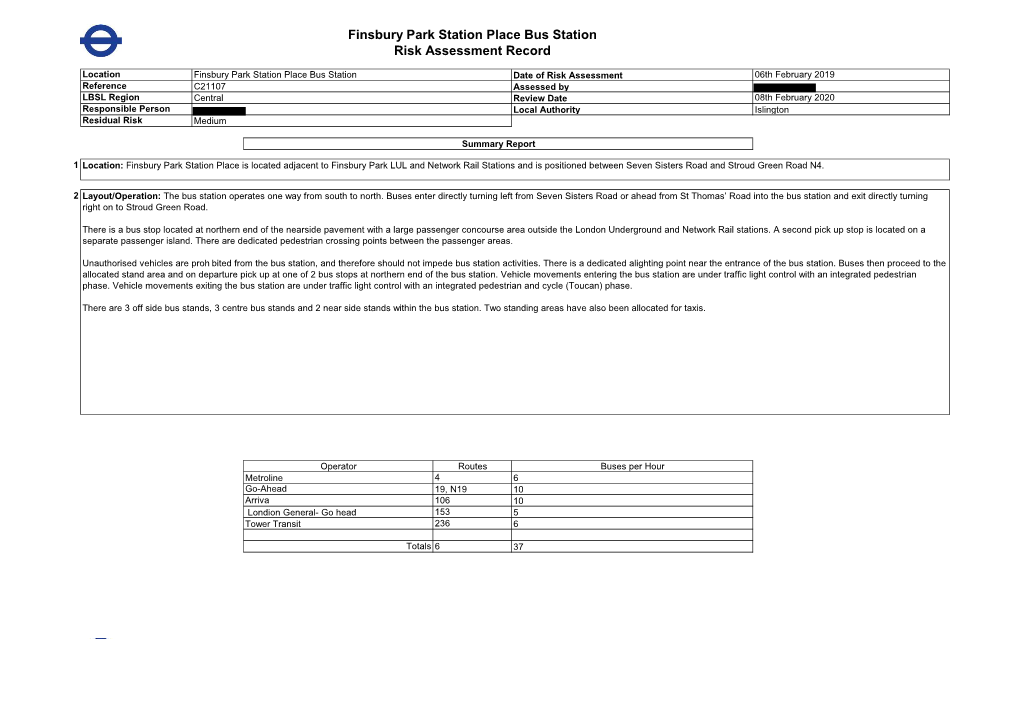 Finsbury Park Station Place Bus Station Risk Assessment Record