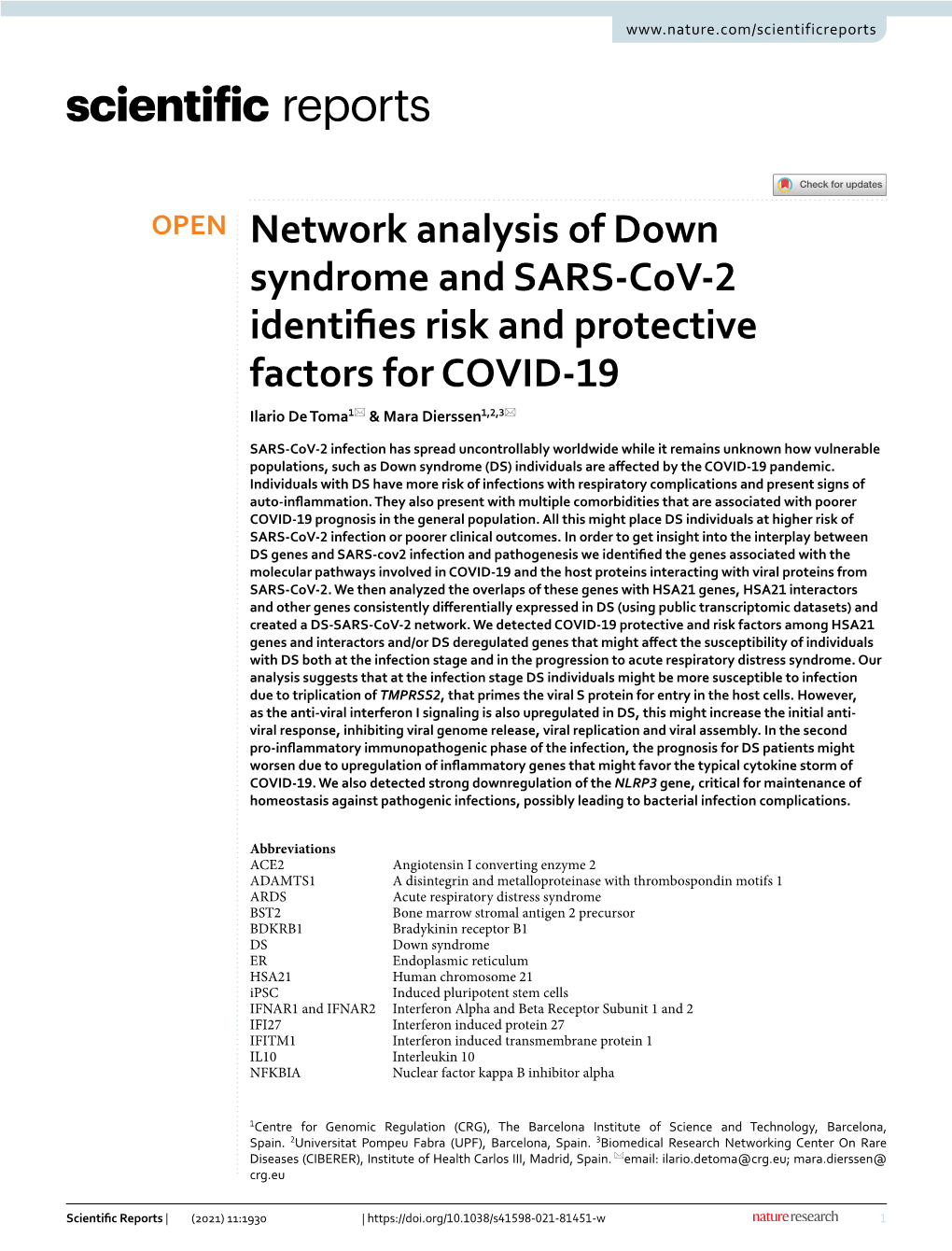 Network Analysis of Down Syndrome and SARS-Cov-2 Identifies Risk And