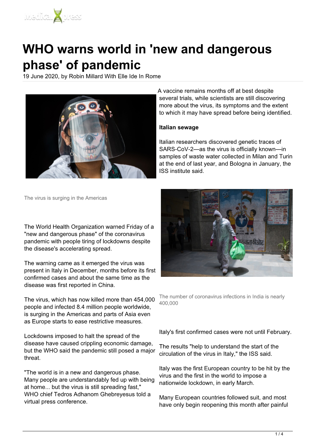 WHO Warns World in 'New and Dangerous Phase' of Pandemic 19 June 2020, by Robin Millard with Elle Ide in Rome