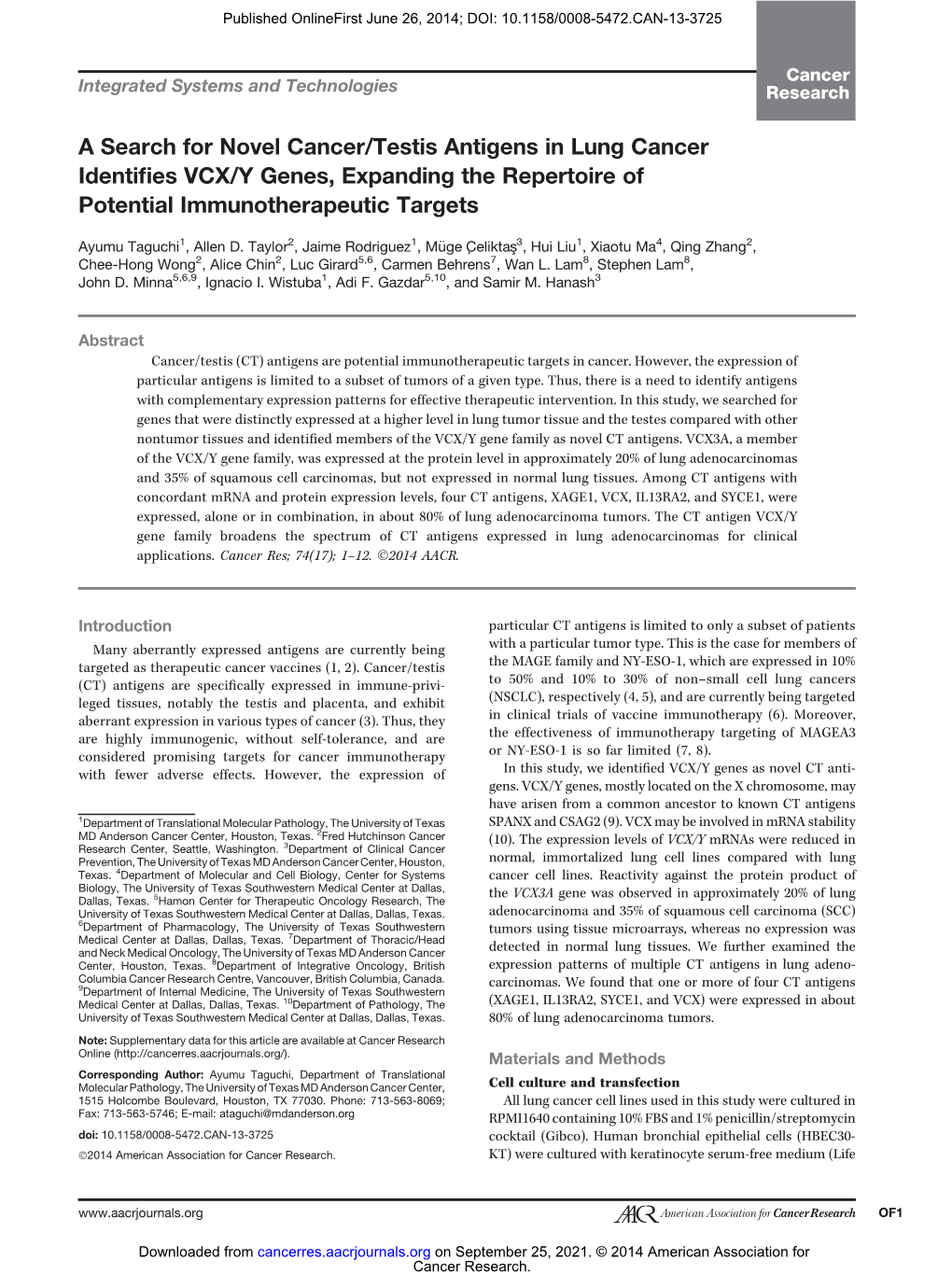 A Search for Novel Cancer/Testis Antigens in Lung Cancer Identifies VCX/Y Genes, Expanding the Repertoire of Potential Immunotherapeutic Targets