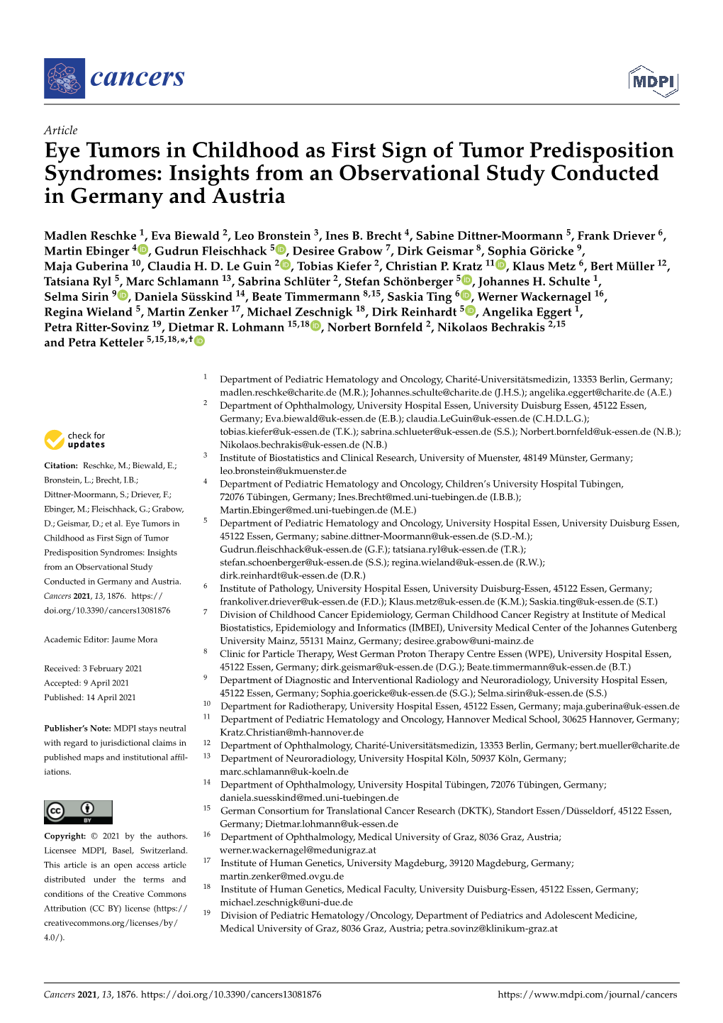 Eye Tumors in Childhood As First Sign of Tumor Predisposition Syndromes: Insights from an Observational Study Conducted in Germany and Austria