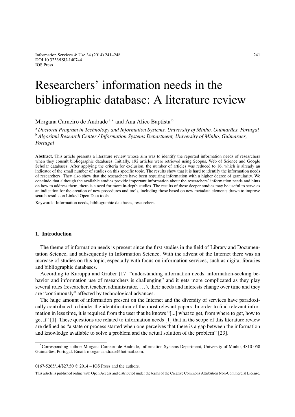 Researchers' Information Needs in the Bibliographic Database: a Literature