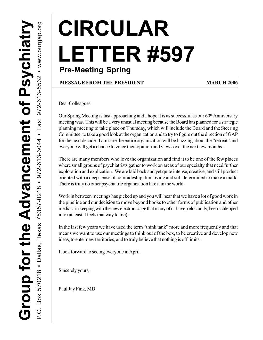 CIRCULAR LETTER #597 Pre-Meeting Spring