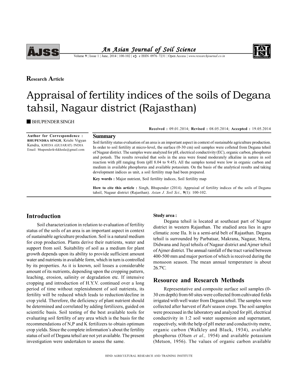 Appraisal of Fertility Indices of the Soils of Degana Tahsil, Nagaur District (Rajasthan)