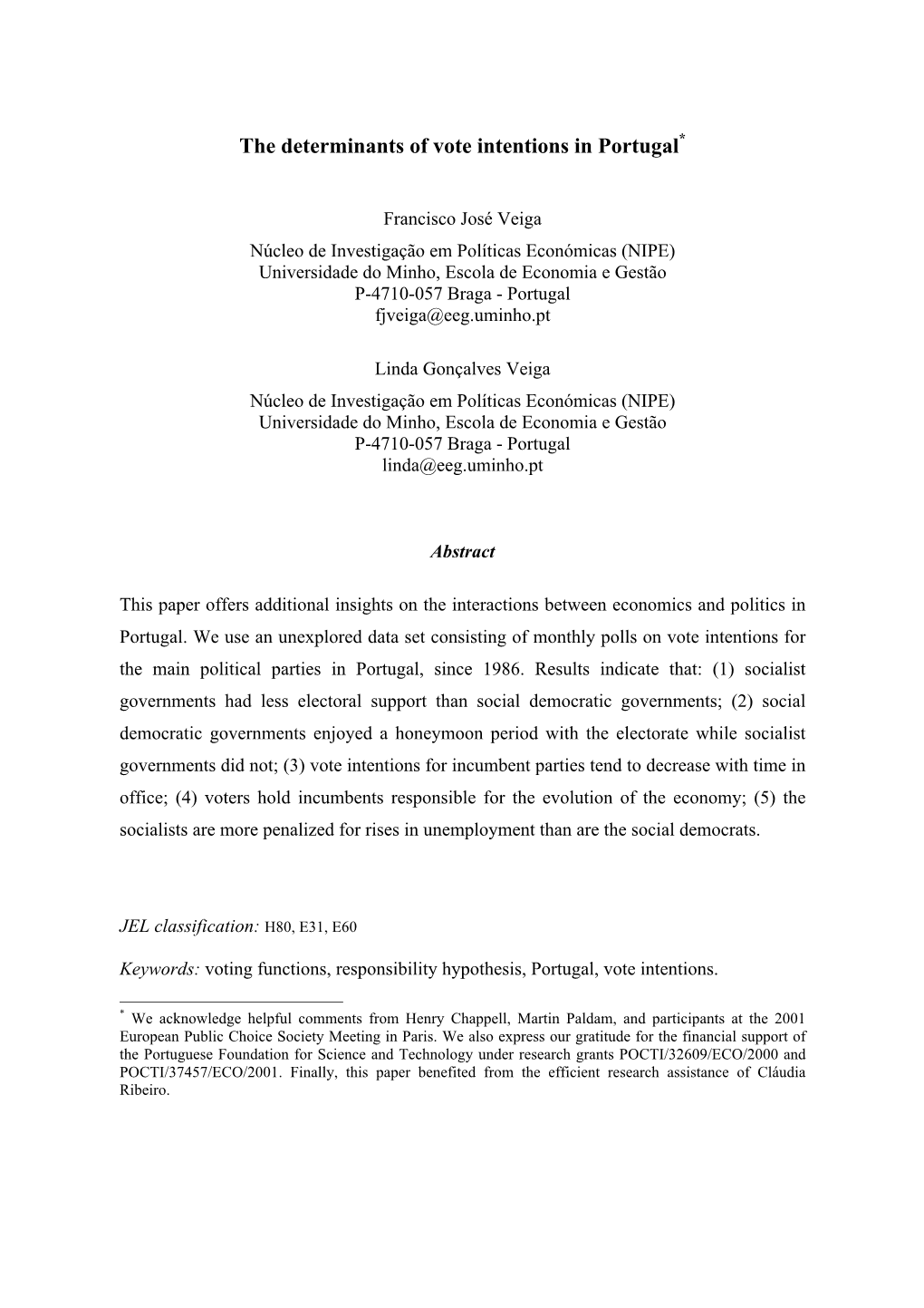 The Determinants of Vote Intentions in Portugal*