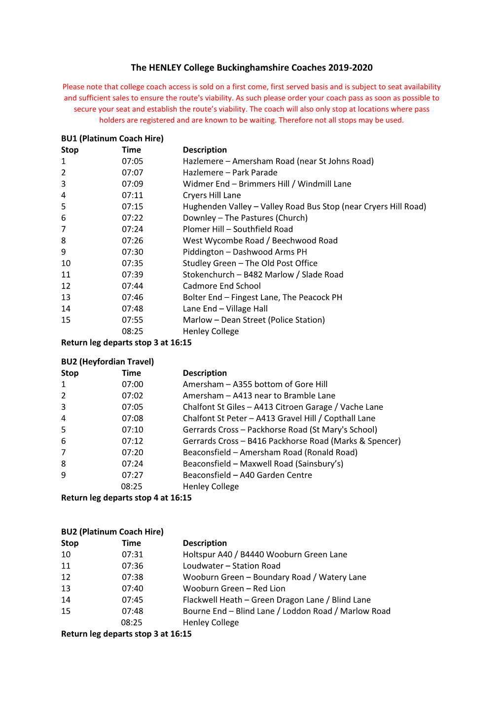 The HENLEY College Buckinghamshire Coaches 2019-2020