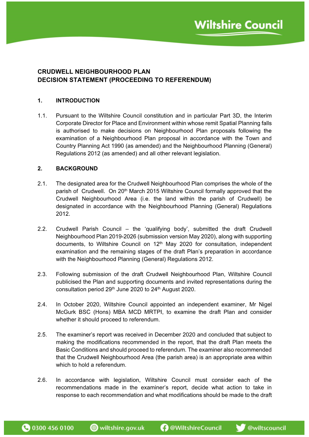 Crudwell Neighbourhood Plan Decision Statement (Proceeding to Referendum)